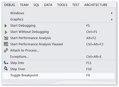 Comando Imposta/Rimuovi punto di interruzione nel menu Debug