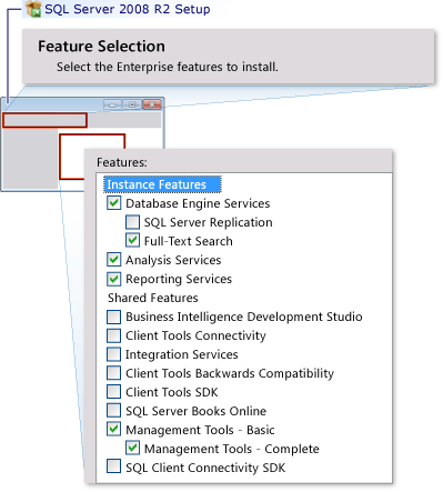 Selezione delle funzionalità di SQL Server per TFS