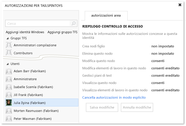 Finestra di dialogo relativa alla sicurezza per le aree