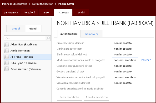 Autorizzazioni in Team Web Access