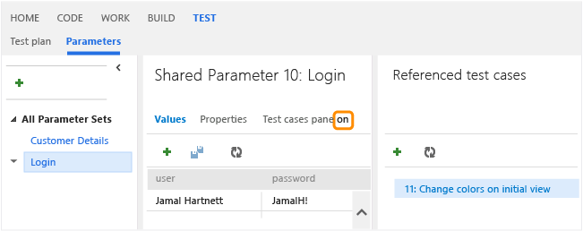 From the test hub, choose Parameters