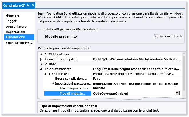 Impostazione della definizione di compilazione per il code coverage