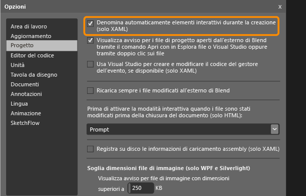 Impostare il progetto su Denomina elementi interattivi