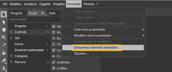 Scegliere Denomina elementi interattivi dal menu Strumenti