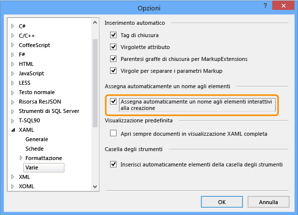 Altre opzioni XAML