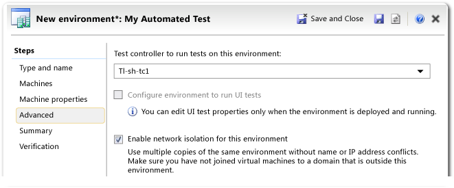 Lab environment wizard - advanced page