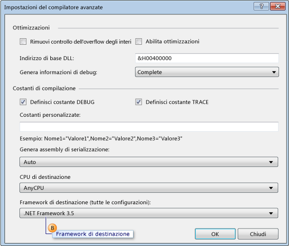 Elenco a discesa dei framework di destinazione