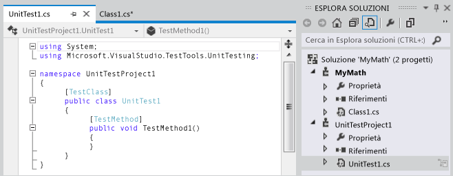 Nuovo codice e progetti di test