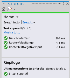 Esplora unit test con 3 test superati.