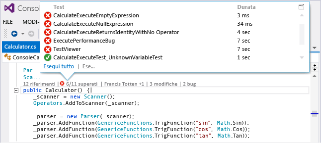 CodeLens - Scegliere lo stato del test nell'editor del codice