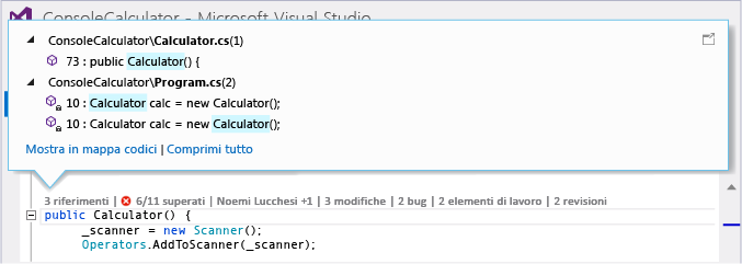 Indicatori CodeLens nell'editor del codice