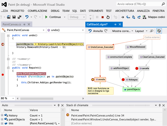 Debug con stack di chiamate nelle mappe codici