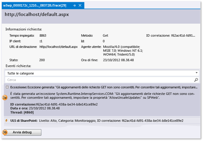 File di log IntelliTrace -Visualizzazione richiesta Web ed eventi