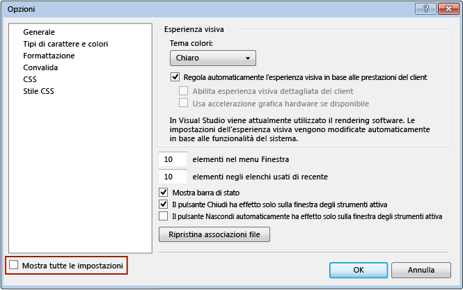 Finestra di dialogo Opzioni con l'opzione Mostra tutte le impostazioni