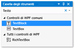 Casella degli strumenti con il controllo TextBlock evidenziato