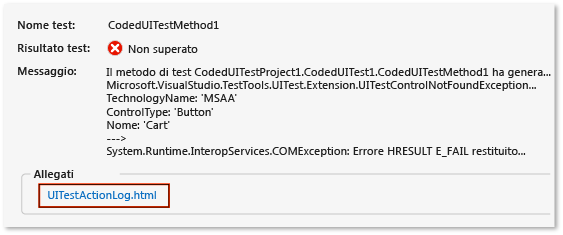 Risultati e collegamenti di output del test codificato dell'interfaccia utente