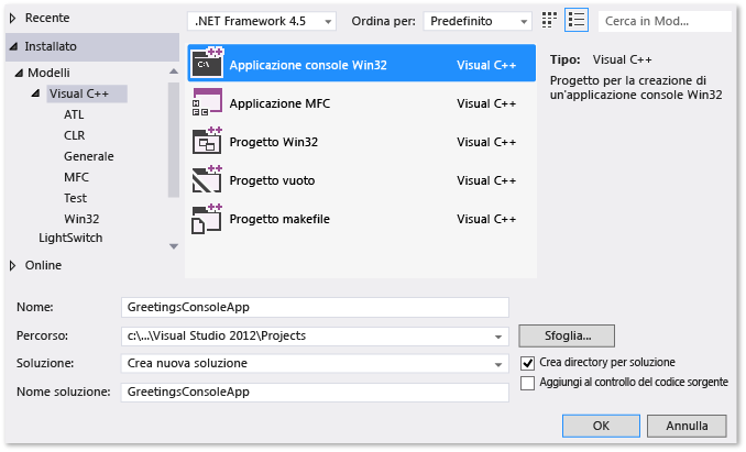 Modello di applicazione console Win32