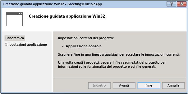 Creazione guidata applicazione console Win32