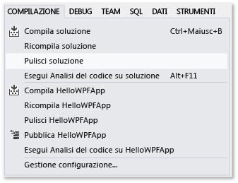 Comando Pulisci soluzione del menu Compila