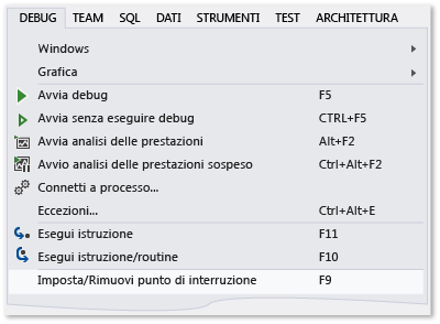 Comando Imposta/Rimuovi punto di interruzione nel menu Debug