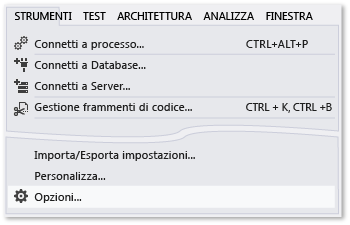 Comando Opzioni nel menu Strumenti