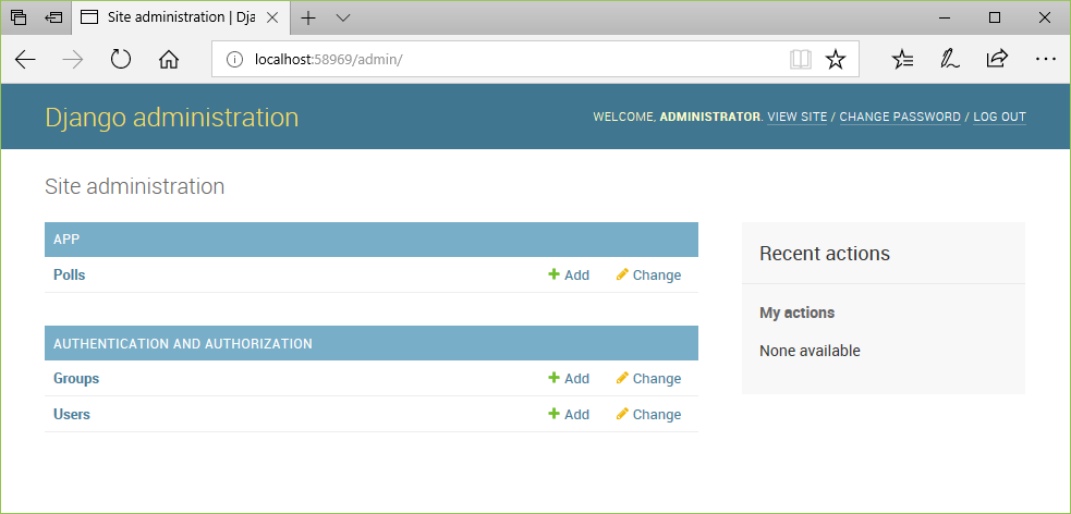 Administrative view of the Polls Django Web Project app.