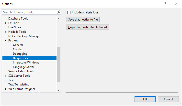 Python options dialog, Diagnostics tab