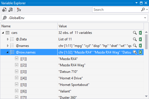 Expanded view of the Variable Explorer