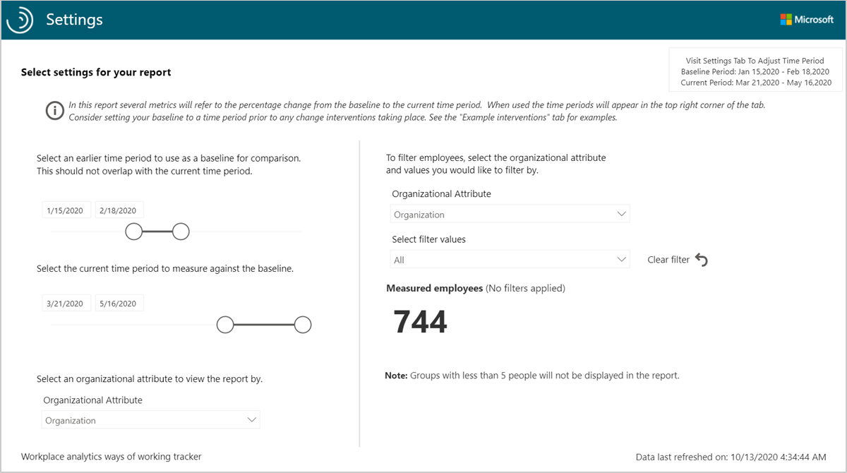 Ways of working tracker dashboard settings.