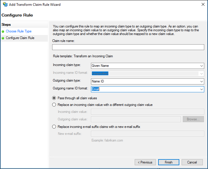 Screenshot that shows the options you can select on the Configure Claim Rule screen when you create a rule to transform an incoming claim.