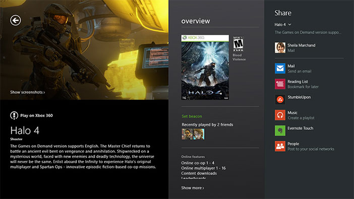 App Halo 4 e riquadro di condivisione