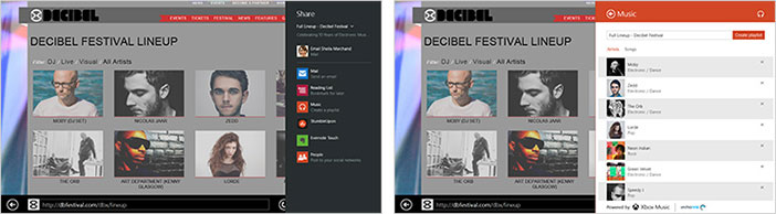 Sito Web Decibel Festival Lineup con il riquadro di condivisione aperto, condivisione con Xbox Music e creazione di una playlist