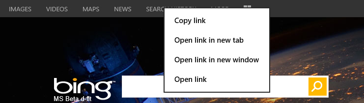 Menu di scelta rapida da un link in Bing