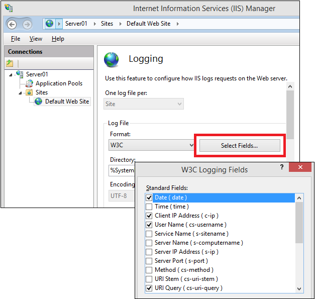 IIS Manager, setting logging options.