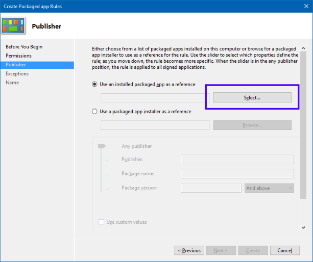 Screenshot of the "Use an installed package app as a reference" radio button selected and the Select button highlighted