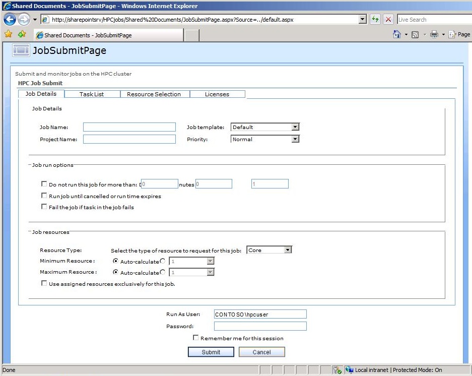 The HPC Job Submit Web Part for SharePoint