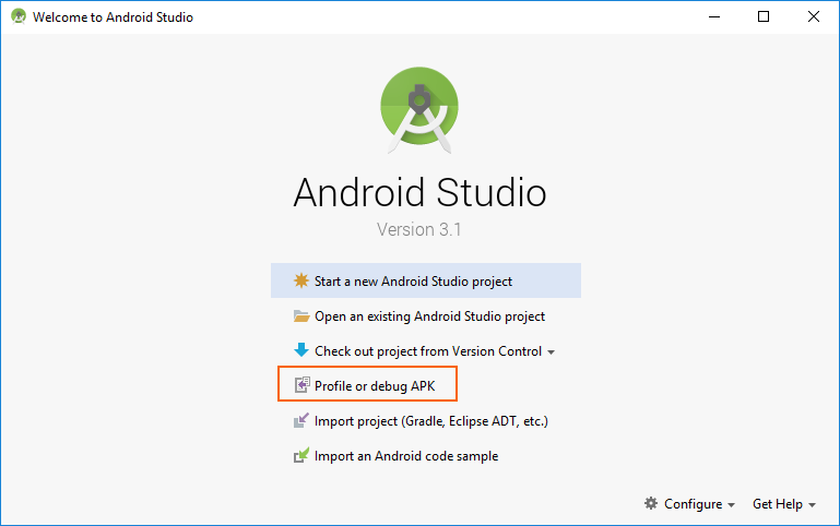 Avvio del profiler dalla schermata di avvio di Android Studio