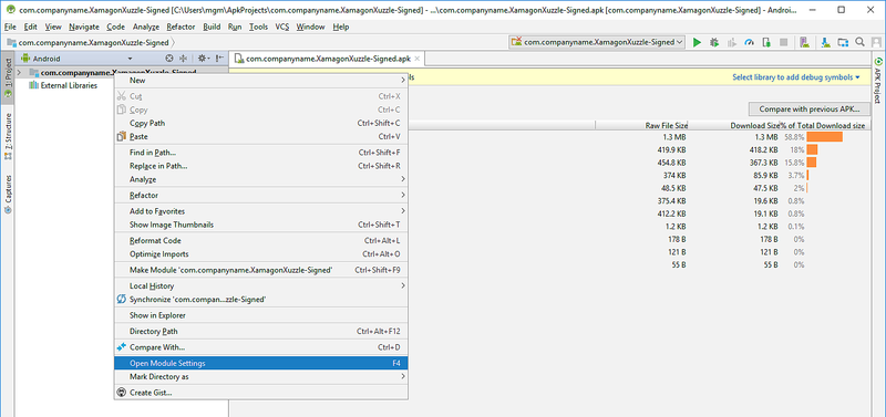 Voce di menu Open Module Settings (Apri impostazioni modulo)