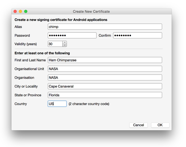 Create New Certificate dialog