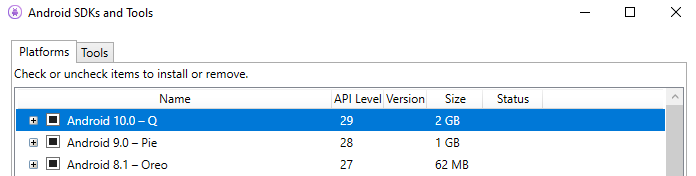 Android SDK Manager Platform Tab