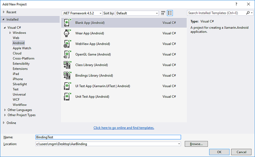 Creare un nuovo progetto BindingTest