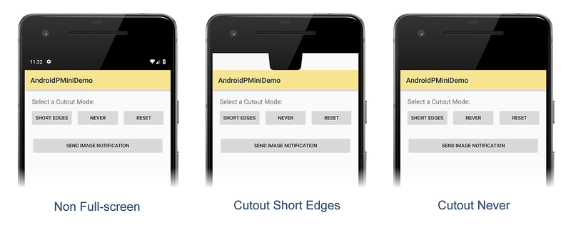 Example display cutout modes in emulator