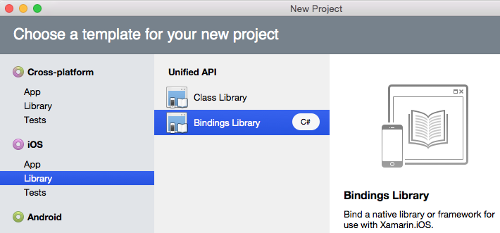 Eseguire questa operazione da Visual Studio per Mac selezionando il tipo di progetto, libreria di associazioni della libreria iOS