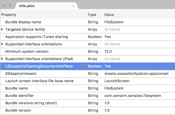 Impostare LSSupportsOpeningDocumentsInPlace in Info.plist