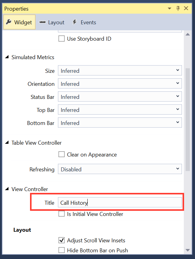 Modificare il titolo del controller visualizzazione in Call History nel riquadro delle proprietà