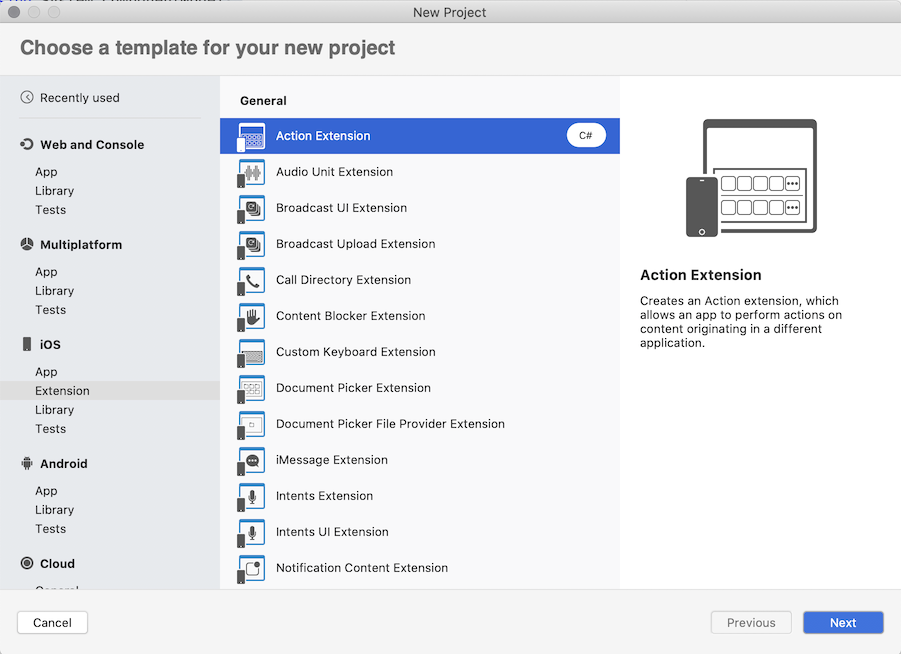 Screenshot che mostra l'opzione Choose a template with Action Extension selezionata.