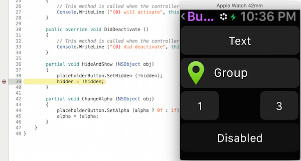 Questo screenshot mostra un punto di interruzione di debug raggiunto in un'app watch