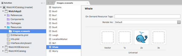 L'esempio WatchKitCatalog include una serie di immagini aggiunte a un catalogo asset nel progetto di app watch