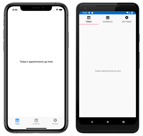 Screenshot di un controllo TabbedPage contenente tre schede, in iOS e Android
