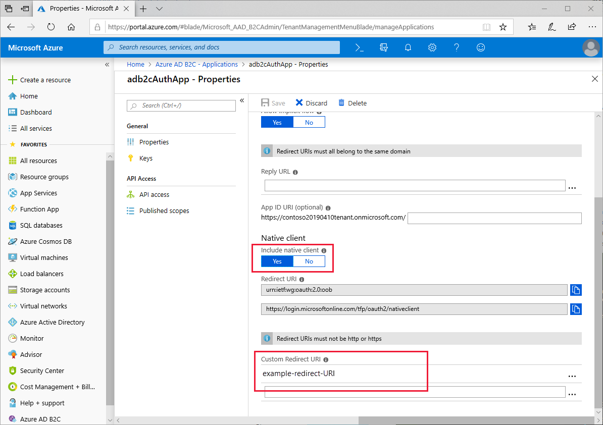 URI di reindirizzamento personalizzato nella visualizzazione delle proprietà dell'applicazione Azure